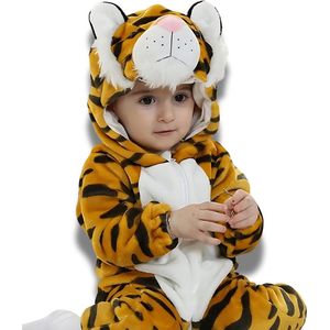 BoefieBoef Tijger Oranje Dieren Onesie & Pyjama voor Baby & Dreumes en Peuter tm 18 maanden - Kinder Verkleedkleding - Dieren Kostuum Pak - Zwart