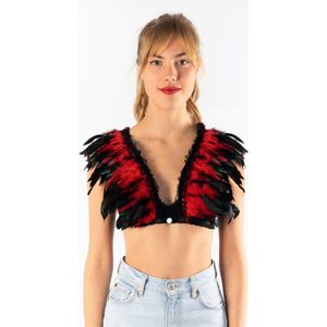 KIMU Top met Veren Zwart Bruin - Maat XS S M - Verentop Steampunk Topje Veertjes - Hippie Bohemian Indianenjurk Ibiza Burning Man Volwassenen Carnaval Festival