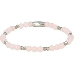 My Bendel - Zilveren kralenarmband met Rose Quartz edelstenen - Zilveren elastische armband van edelstaal gecombineerd met Rozenkwarts edelsteen - Met luxe cadeauverpakking