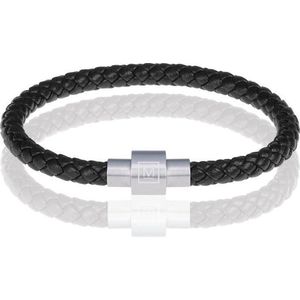 Heren Armband - Memphis® - Zwart/Zilver - 23cm - Gevlochten Armband voor Mannen ✓ 100% Echt Leer ✓ Edelstaal Magneet sluiting