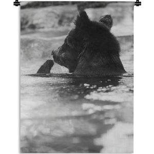 Wandkleed Roofdieren - Bruine beer neemt een bad - zwart-wit Wandkleed katoen 60x80 cm - Wandtapijt met foto