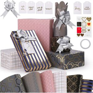6 Pack Cadeaupapier 75 x 50 cm inpakbundel kraftpapier gerecycled inpakpapier met afdichtingslabel+tape + tags + strik gouden strepen