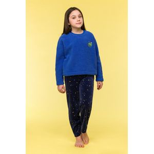 Woody pyjama meisjes/dames fleece - hoogblauw - dino - 242-10-WPI-M/875 - maat 152