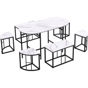 Merax Eetkamer Set - Eethoek Set met Tafel en Stoel - Eettafel met 6 Stoelen - Wit met Zwart