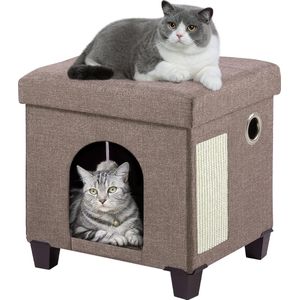 Opvouwbare kattenmand, grote katten, kattenhuis hol voor katten met krabplank en speelbal, zitkist, zitkruk, voetenbank met houten poten, 37 x 31,8 x 36 cm, blauw