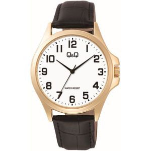 Q&Q C36A-009PY - Horloge - Analoog - Mannen - Heren - Leren band - Rond - Metaal - Cijfers - Zwart - Goudkleurig - Wit