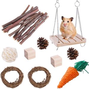 Hamster kauwspeelgoed, 10 stuks, natuurlijk grenenhout, hamster-kauwspeelgoedset voor kleine dieren, voor cavia's, chinchilla's, gerbils, muizen, ratten, muizen
