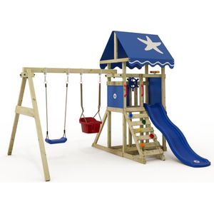 Wickey Speeltoren DinkyStar met schommel, blauwe glijbaan, klimladder en zandbak