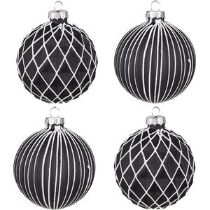 HAES DECO - Kerstballen Set van 4 - Formaat (4) Ø 8x8 cm - Kleur Zwart - Materiaal Glas - Kerstversiering, Kerstdecoratie, Decoratie Hanger, Kerstboomversiering