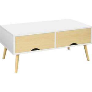 Scandinavische Rechthoekige Salontafel met 2 Laden en Open Vak - 90 x 48 x 39 cm, Wit en Naturel