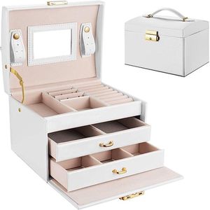 Sieradenbox voor dames, 3-laags afsluitbare sieraden opslag met spiegel, PU-leer en fluwelen voering, gebruikt voor ringen, horloges, armbanden, oorbellen en halskettingen voor vrouwen en meisjes