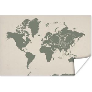 Poster - Wereldkaart - Dieren - Olifant - 120x80 cm