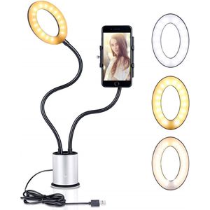 Peachy Selfie licht smartphone houder dimbaar 3 kleuren licht - Zilver Zwart