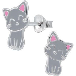 Joy|S - Zilveren kat poes oorbellen - 8 x 12 mm - grijs