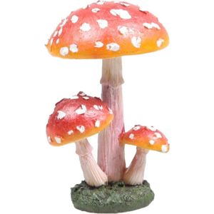 Decoratie huis/tuin beeldje paddenstoelen - lage hoed - vliegenzwammen - rood/wit - 10 cm