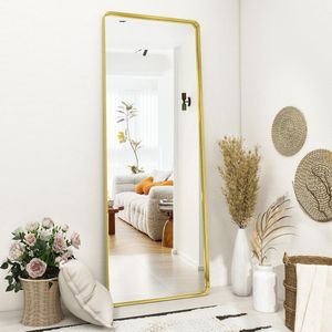 Diep frame, staande spiegel, 163 x 53 cm, luxe ronde hoeken, vloerspiegel met robuust nano-glas, aan de muur gemonteerde full-body spiegel horizontaal of verticaal gehangen, goud