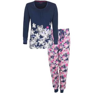 Medaillon Dames Pyjama - Met Boorden - Bloemenprint - Blauw - Maat XL