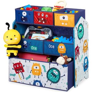 Speelgoedkast met 6 stoffen manden monster design HxBxD: 66 x 63.5 x 30 cm opbergkast speelgoed kleurrijk, Relaxdays
