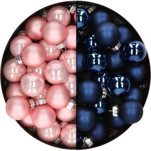 Mini kerstballen - 48x st - donkerblauw en lichtroze - 2,5 cm - glas - kerstversiering