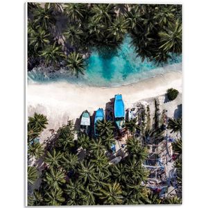 WallClassics - PVC Schuimplaat - Bovenaanzicht van Blauwe Bootjes tussen Palmbomen op Wit Strand - 30x40 cm Foto op PVC Schuimplaat (Met Ophangsysteem)