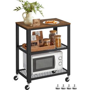 O'DADDY® Keukentrolley op Wieltjes - Serveerwagen - 3 Lagen - Keukeneiland - Keuken Trolley - Keukenrek Staand - Opbergtrolley - Roltafel - Opbergkar - 60x40x77,5 cm - Bruin Hout - Zwart Metaal