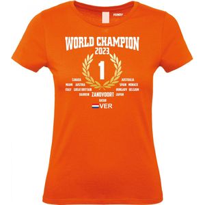 Dames T-shirt GP Won & World Champion 2023 | Formule 1 fan | Max Verstappen / Red Bull racing supporter | Wereldkampioen | Oranje dames | maat XL