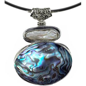 Zoetwater parel en abalone ketting Biwa Abalone - parelketting - echte parels - abaloon - parelmoer wit - zilver