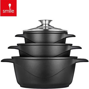 Smile Pannenset - Luxe Design - Vaatwasser Bestendig - Anti-aanbaklaag - Geschikt voor iedere Kookplaat - Zwart