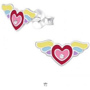 Oorbellen meisje | Zilveren kinderoorbellen | Zilveren oorstekers, gevleugeld hart met kristal