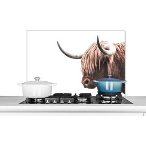 Spatscherm keuken 90x60 cm - Kookplaat achterwand Schotse Hooglander - Dieren - Wit - Muurbeschermer - Spatwand fornuis - Hoogwaardig aluminium