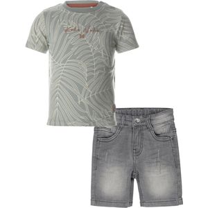 Koko Noko - Kledingset - 2delig - Jongens - Short Grey Jeans - Shirt Dusty Green met bladmotief - Maat 98