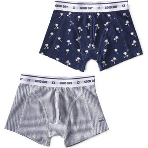 Little Label - boxershorts 2-pack - palm blue & mini stripe blue 2Y - maat: 92 - bio-katoen