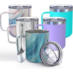 Geïsoleerde reiskoffiemok 350 ml - Roestvrijstalen koffiekop met handvat en deksel - Morsbestendig - Houdt koffie koud of warm - Blauwe werveling