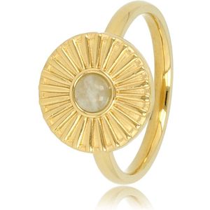 *My Bendel - Ring goud zonnetje met Amazonite - Vrolijke gouden edelstalen ring met een zonnetje en Amazonite edelsteen - Met luxe cadeauverpakking