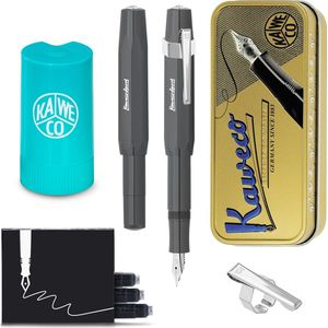 Kaweco - Cadeauset - (5delig) - Vulpen Sport Skyline Grijs Fountain Pen - Medium - Oktogonal Clip Chrome -  Patronen houder TURKOISE - Vullingen