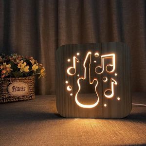 Lamp - 19cm - Tafellamp - Lamp - LED en One touch control - Houten Tafellamp - Gitaar & Muzieknoten figuur