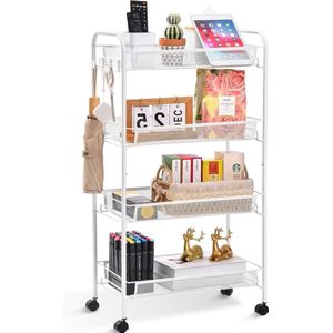 4-Tier Rolling Car Gemakkelijk Monteer Mobiele Opslag Trolley Op Wielen Schuif Uit Utility Cart Rekken Eenheden Keuken Badkamer Wasruimte - Wit - Opbergkar met Wielen Beside shelf