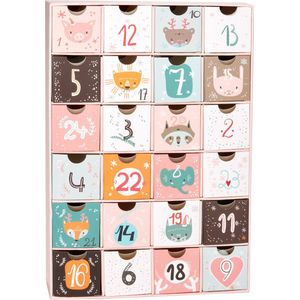 BRUBAKER Adventskalender - Animal Christmas Pink - Kerstkalender met 24 Vakjes om zelf te vullen met kleine Cadeautjes - 32,5 cm hoog - Karton