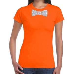 Oranje fun t-shirt met vlinderdas in glitter zilver dames - Koningsdag shirt met strikje XXL