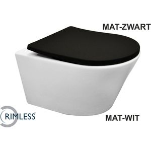 Saqu Sky Duo Randloos Hangtoilet - met Slimseat Toiletbril met Quickrelease - Mat Wit/Zwart - WC Pot - Toiletpot - Hangend Toilet