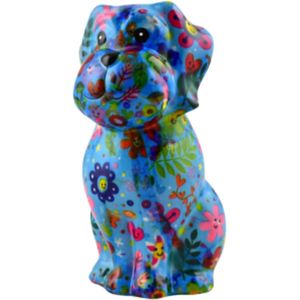 Pomme pidou spaarpot hond Odette M blauw met lachende bloemetjes