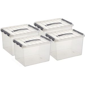 Set van 4x stuks opberg box/opbergdoos 22 liter 40 x 30 x 26 cm - Opslagbox - Opbergbak kunststof transparant/zilver