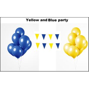 Yellow and Blue party set - 2x vlaggenlijn blauw en geel - 100x Luxe Ballonnen blauw/geel - Festival thema feest party verjaardag gala jubileum