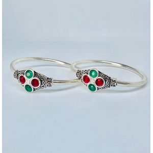 N3 Collecties 999 Zilveren Baby Unisex Bangle Met Groen Rood Zirkonia