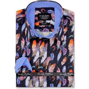 Heren Overhemd - Slim Fit - Bird Feathers Satijn - Blauw - Maat M