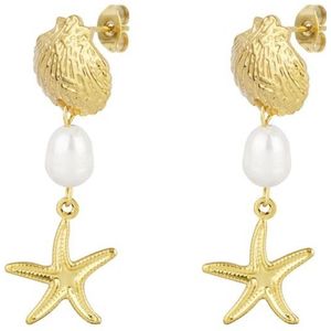 Oorbellen - Goud - Schelpen - Zeester - Zoetwater parel - Statement oorbellen - Stainless steel sieraden