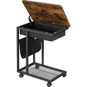 Miami Bijzettafel met lade - Laptoptafel met Wielen - salontafel - Industriële Stijl - Bruin/Zwart - 50x35x60cm