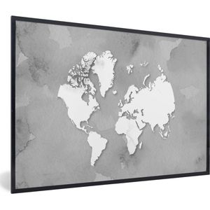 Fotolijst incl. Poster Zwart Wit- Ronde en witte wereldkaart op een grijze achtergrond - zwart wit - 120x80 cm - Posterlijst