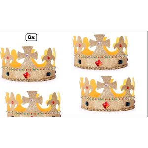 6x Kroon koning verstelbaar goud glitter met stenen - Themafeest king festival carnaval party