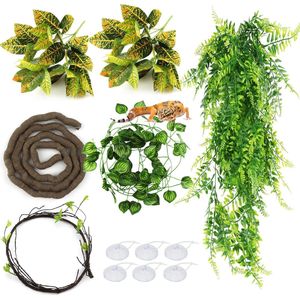 Kunstplanten Hangende Terrarium Accessoires, Kunstplanten Baardagaam Reptielen Terrarium Klimmen Wijnstokken Bladeren, Hangende Plant Kameleon Decoratie voor Hagedissen, Slangen, Leguaan